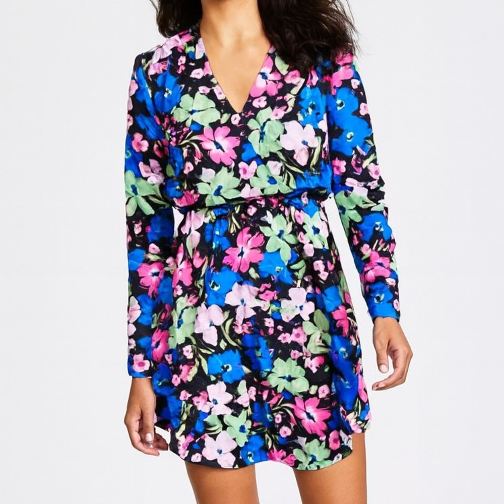 🆕Bar III Floral Long Sleeve Mini Dress Surplice Black Multicolor Party Cocktail